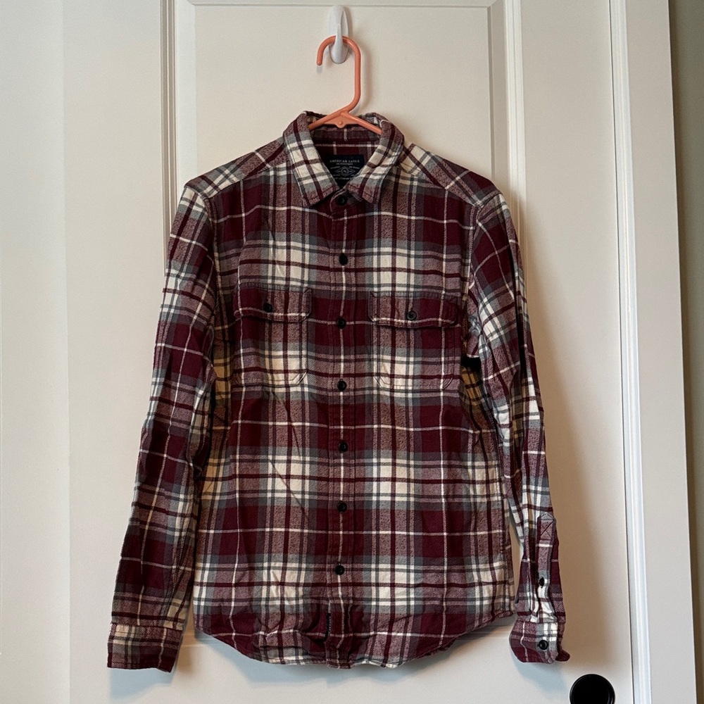 American Eagle Outfitters Maroon and Cream Plaid Shirt